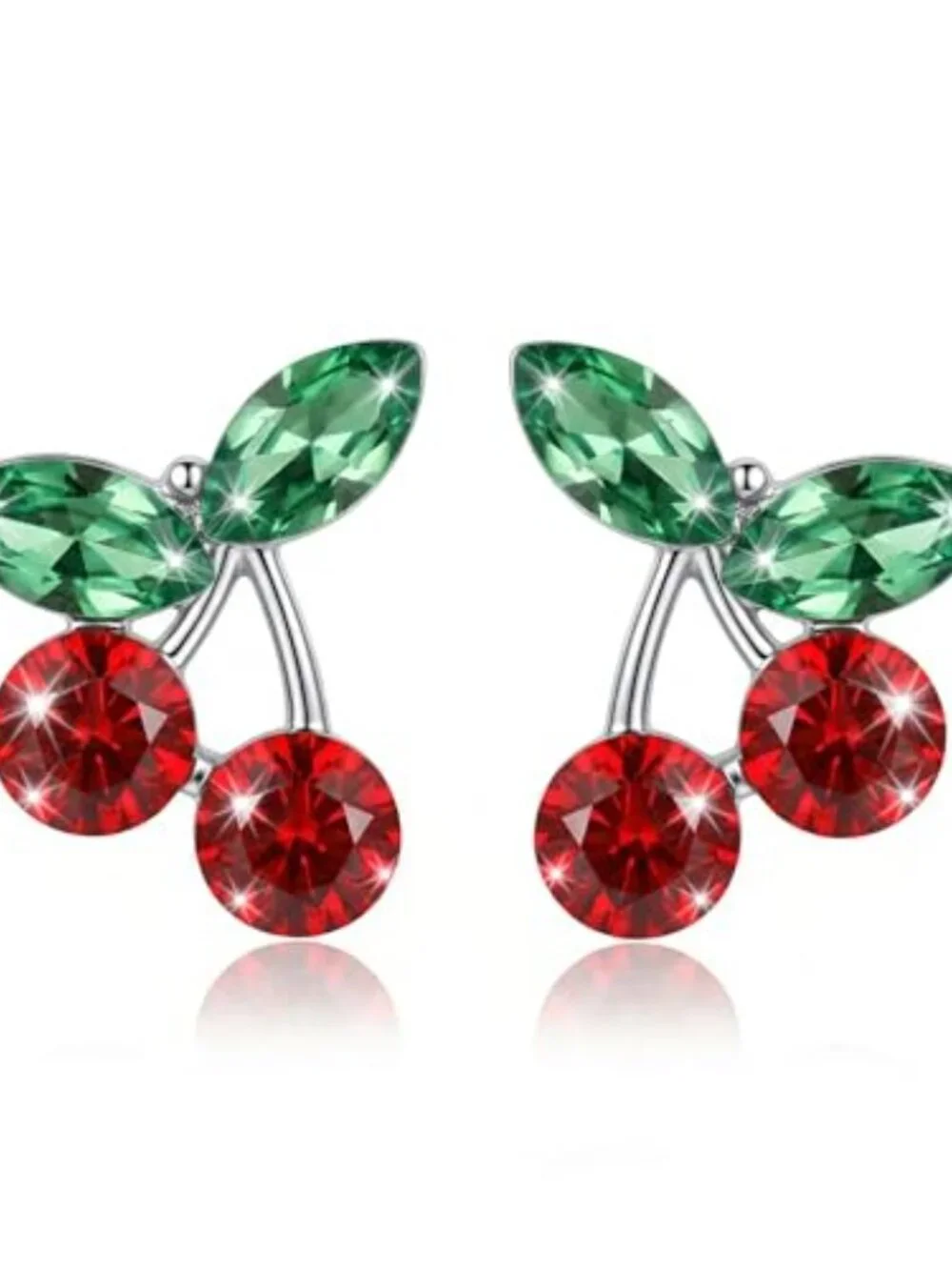 Cute Cherry Ears for Women Trendy Rhione Red Cherry Green Leaves Stud